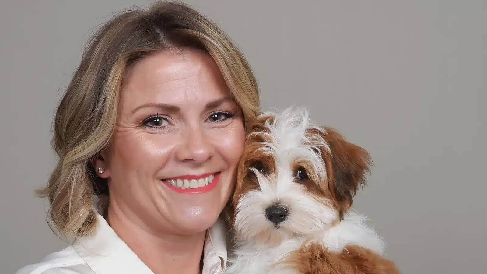 Smiling breeder holding a red and white Havapoo puppy