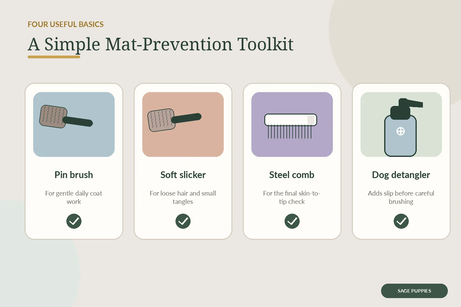 Illustration of a pin brush, soft slicker brush, steel comb, and dog-safe detangling spray