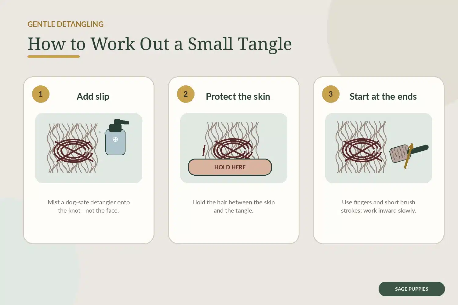 Three-step illustration showing detangling spray, holding hair near the skin, and brushing a small knot from the ends inward