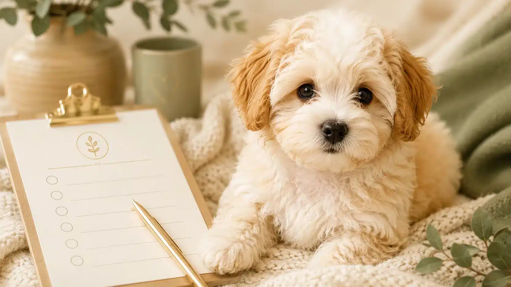Fluffy cream and tan puppy resting beside a puppy reservation checklist and gold pen