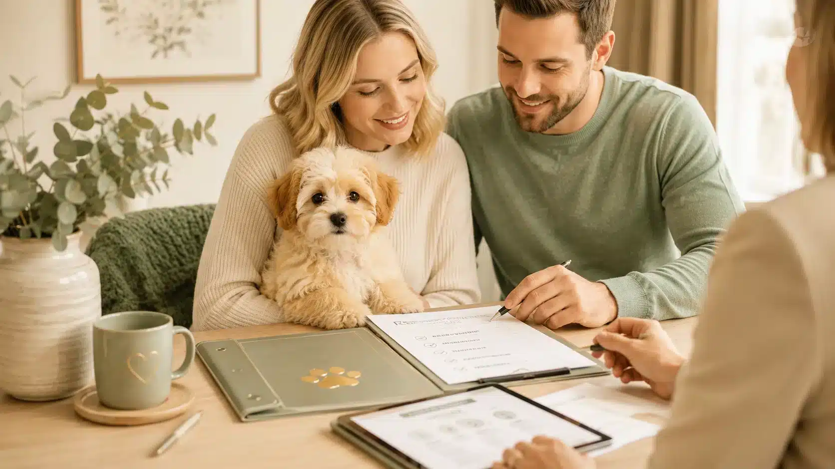 Family reviewing puppy reservation paperwork and health information while holding a small puppy