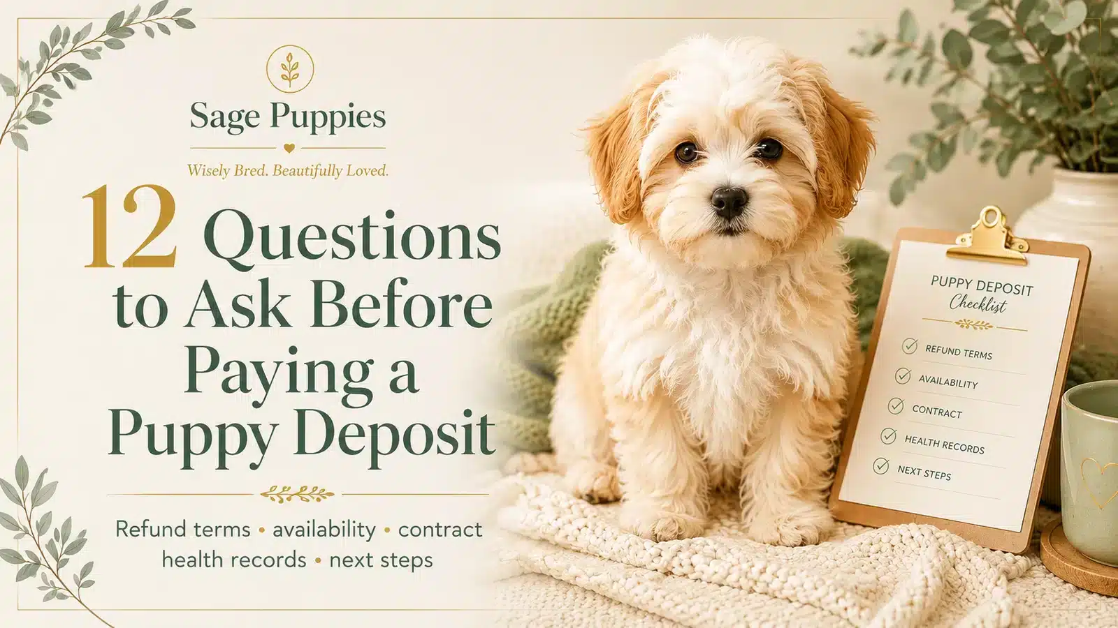 Fluffy, light-colored puppy sits on a textured blanket next to a clipboard with "Puppy Deposit Checklist" and "12 Questions to Ask Before Paying a Puppy Deposit" text. Sage Puppies logo visible.