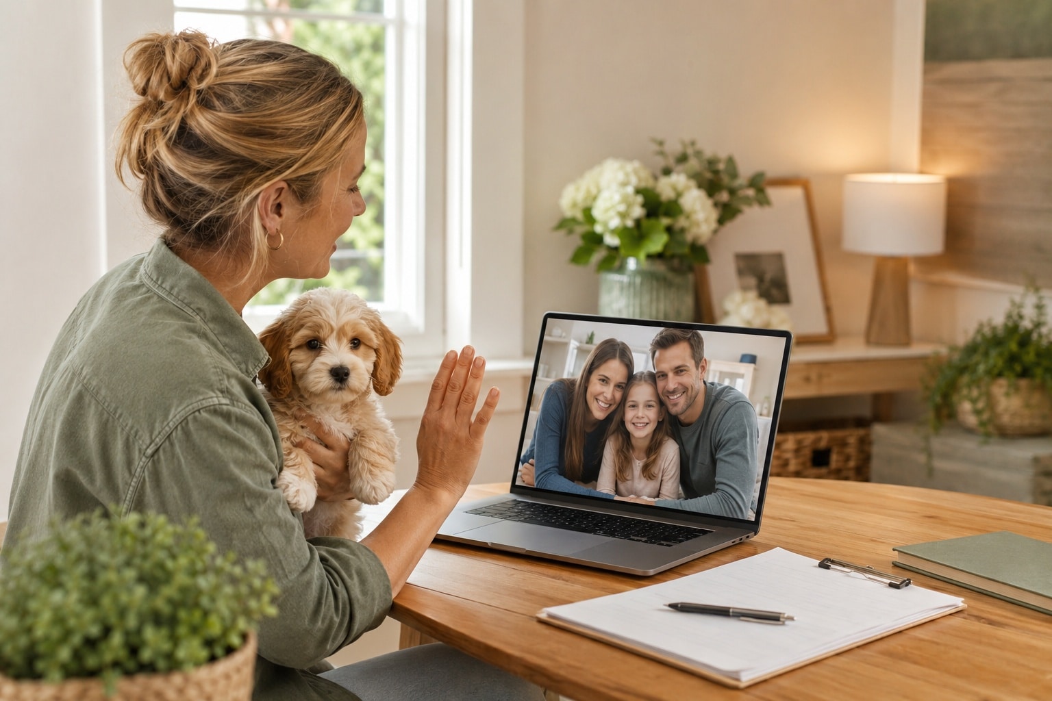 Breeder holding a Cavapoo puppy during a live video consultation with an out-of-state family