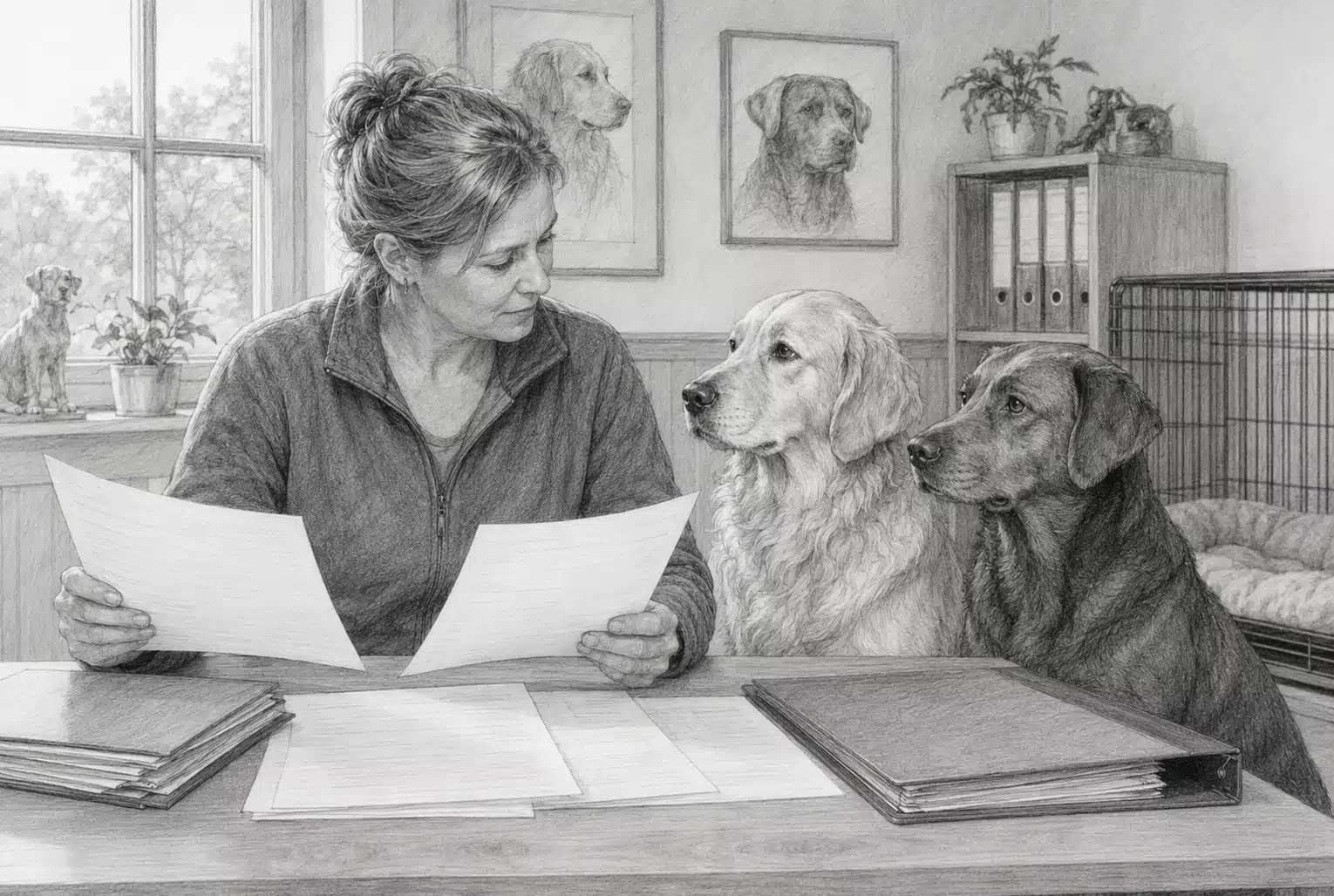Breeder examining pedigree papers with two adult dogs