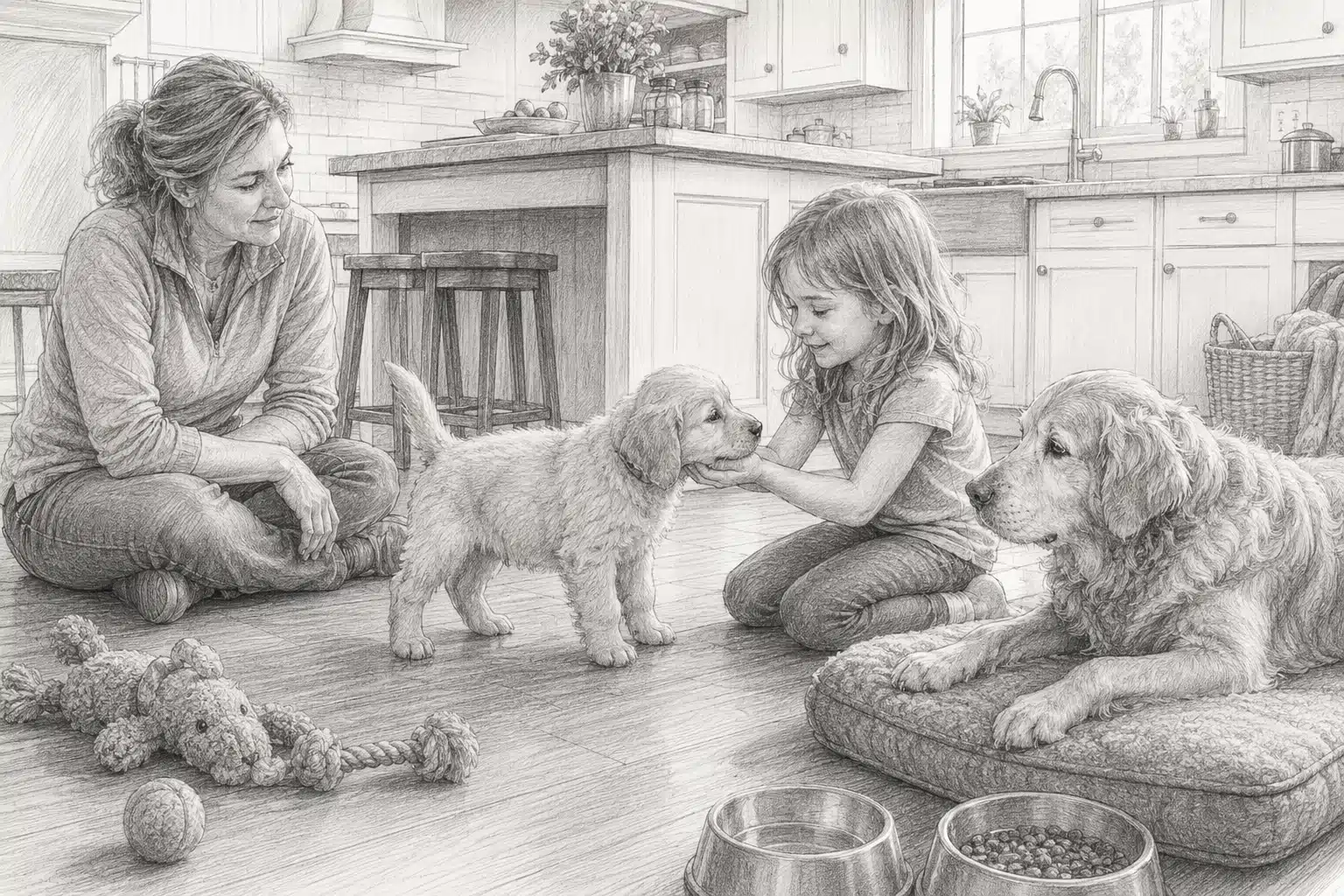 Breeder observing puppy with child and senior dog