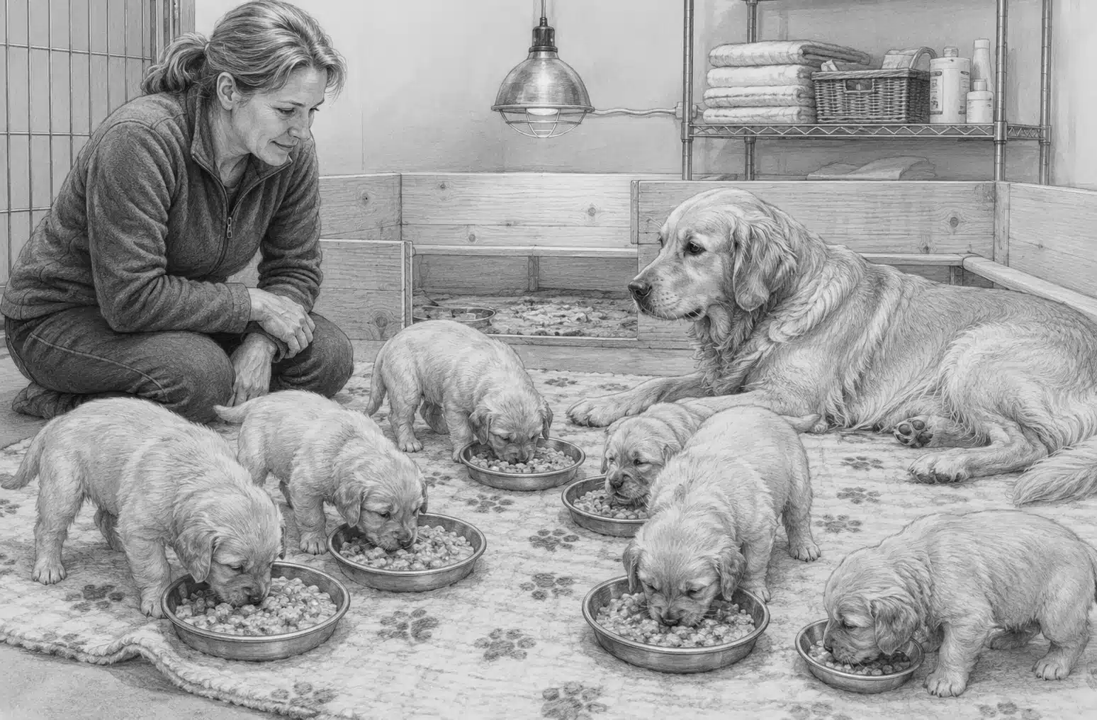 Breeder observing mother dog and puppy litter