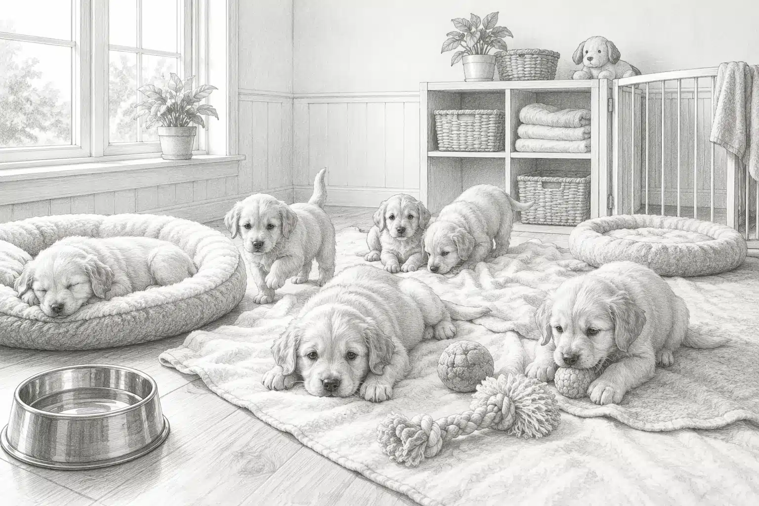 Bright puppy room with relaxed litter and toys