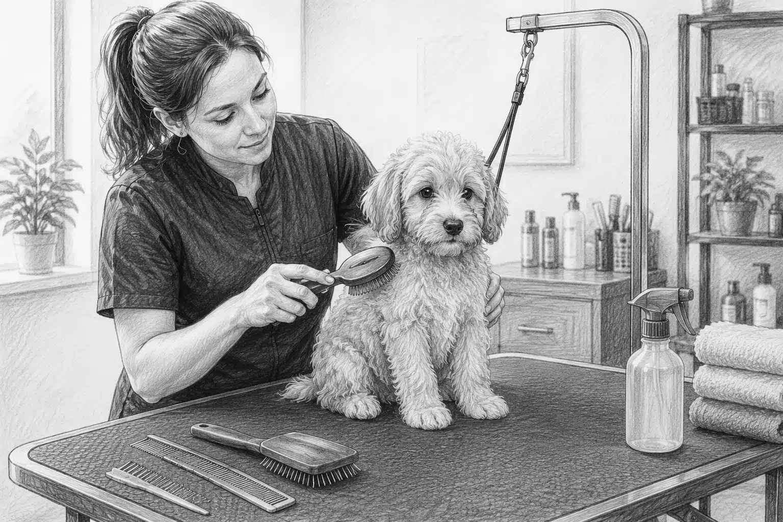 Groomer brushing wavy-coated puppy on salon table