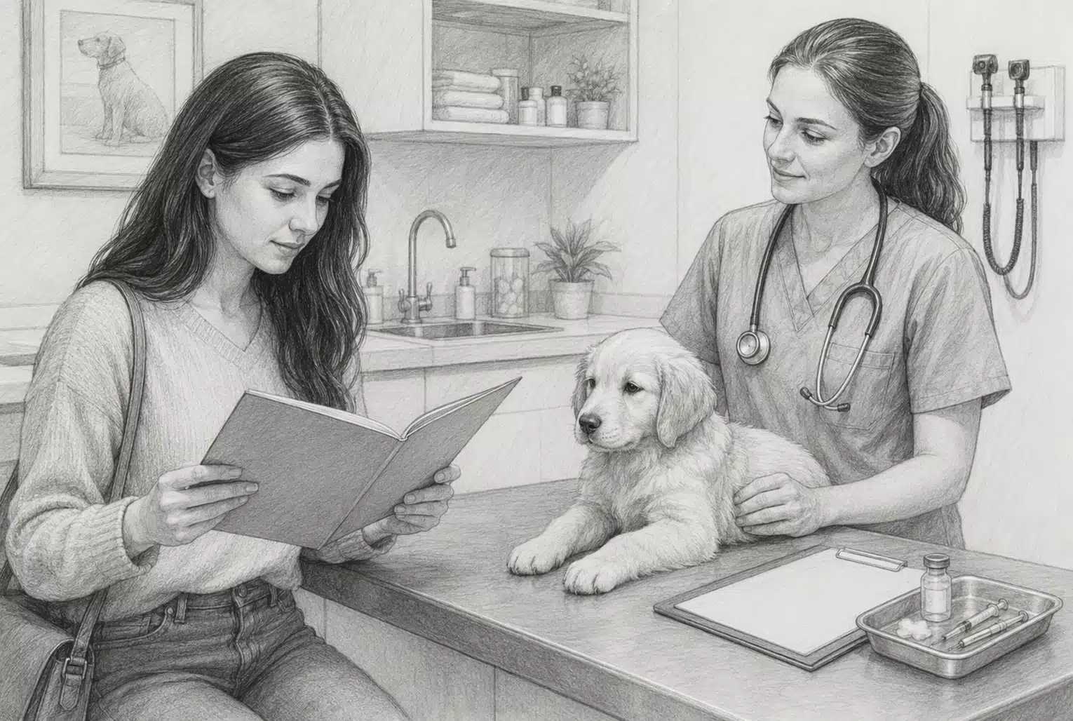 Puppy and owner reviewing vaccination record