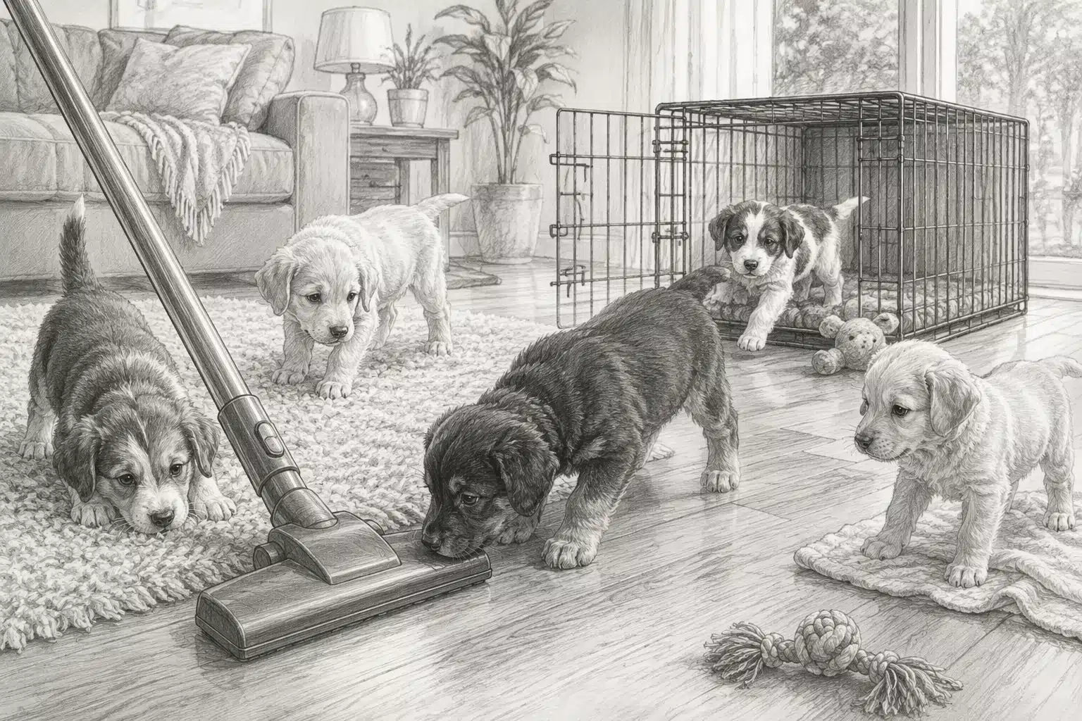 Puppies exploring living room environment