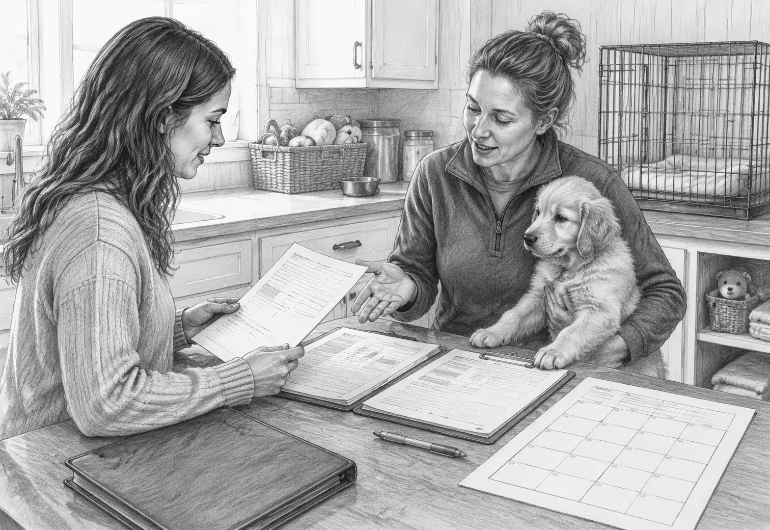 Puppy buyer reviewing breeder’s contract and plan