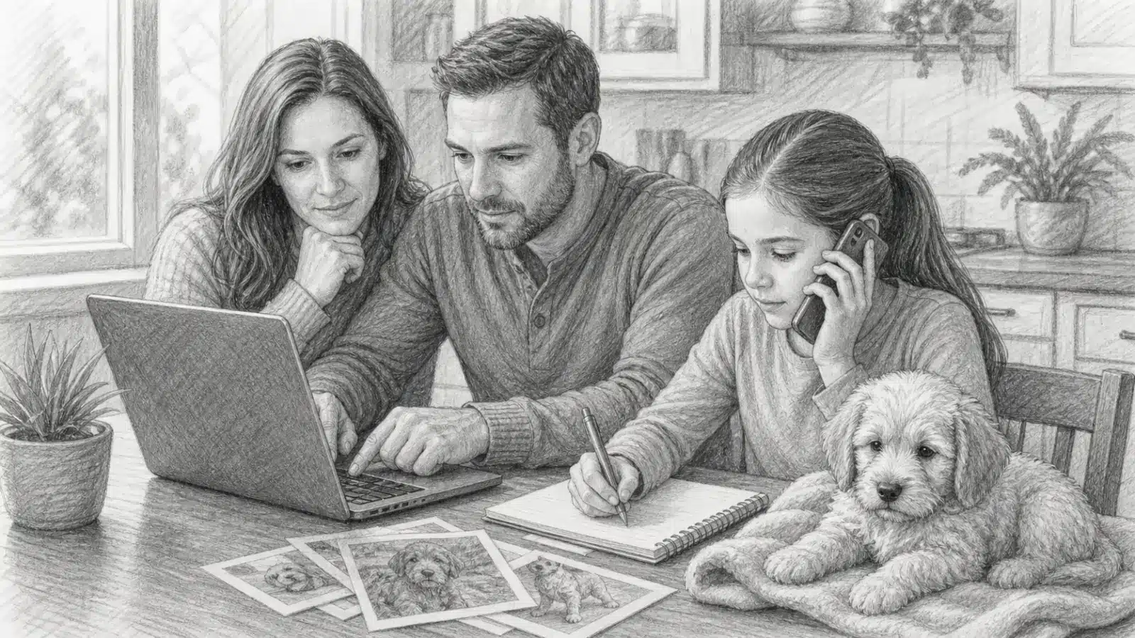 A family researches local puppies online, with a dad pointing at a laptop, a mom looking on, and a daughter talking on the phone, while a fluffy puppy rests nearby.