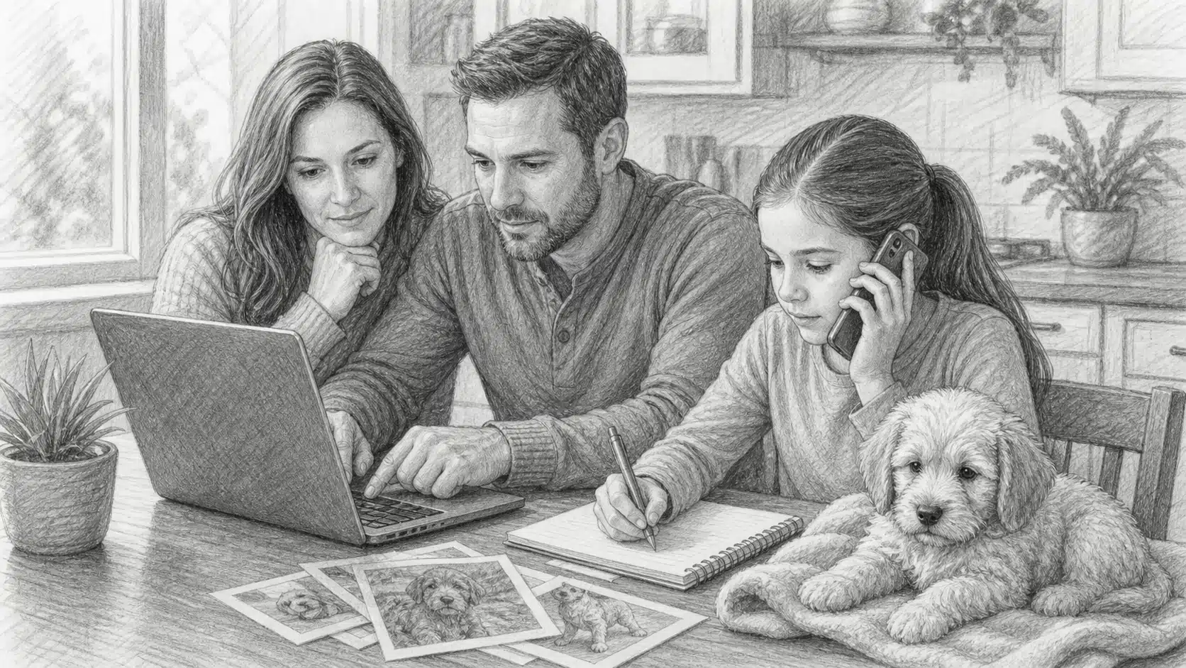Family reviewing breeder website at kitchen table