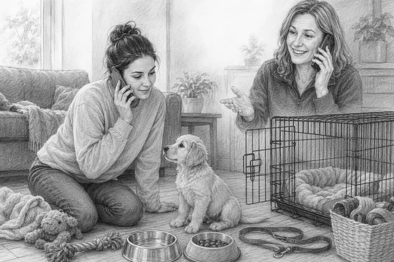 Breeder advising new owner beside puppy crate