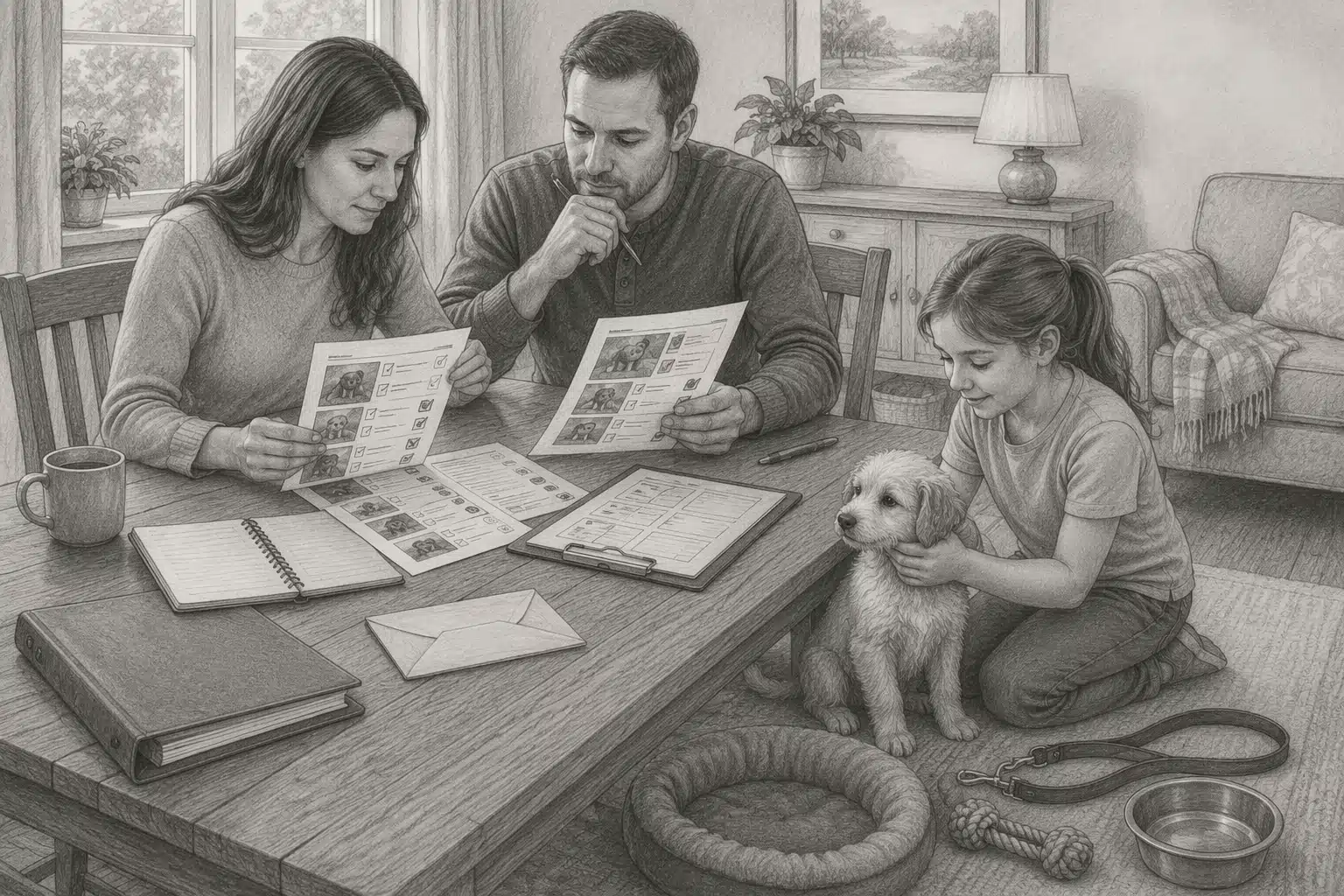 Parents and child evaluating puppy profiles and notes
