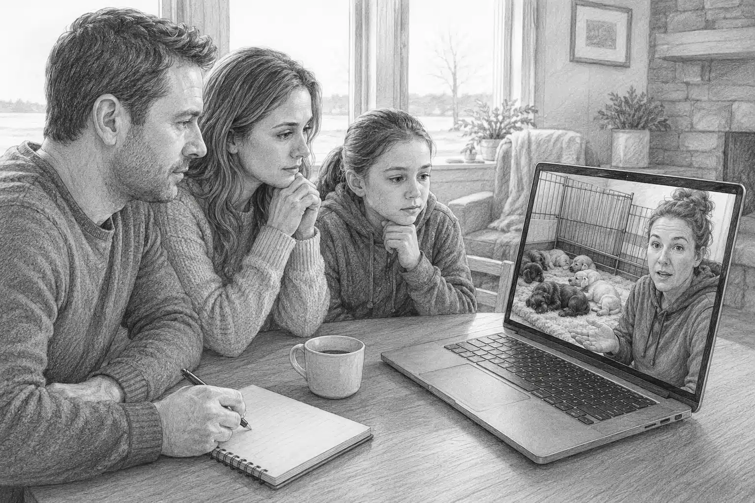 Prospective family interviewing breeder via video call with sleeping litter in background