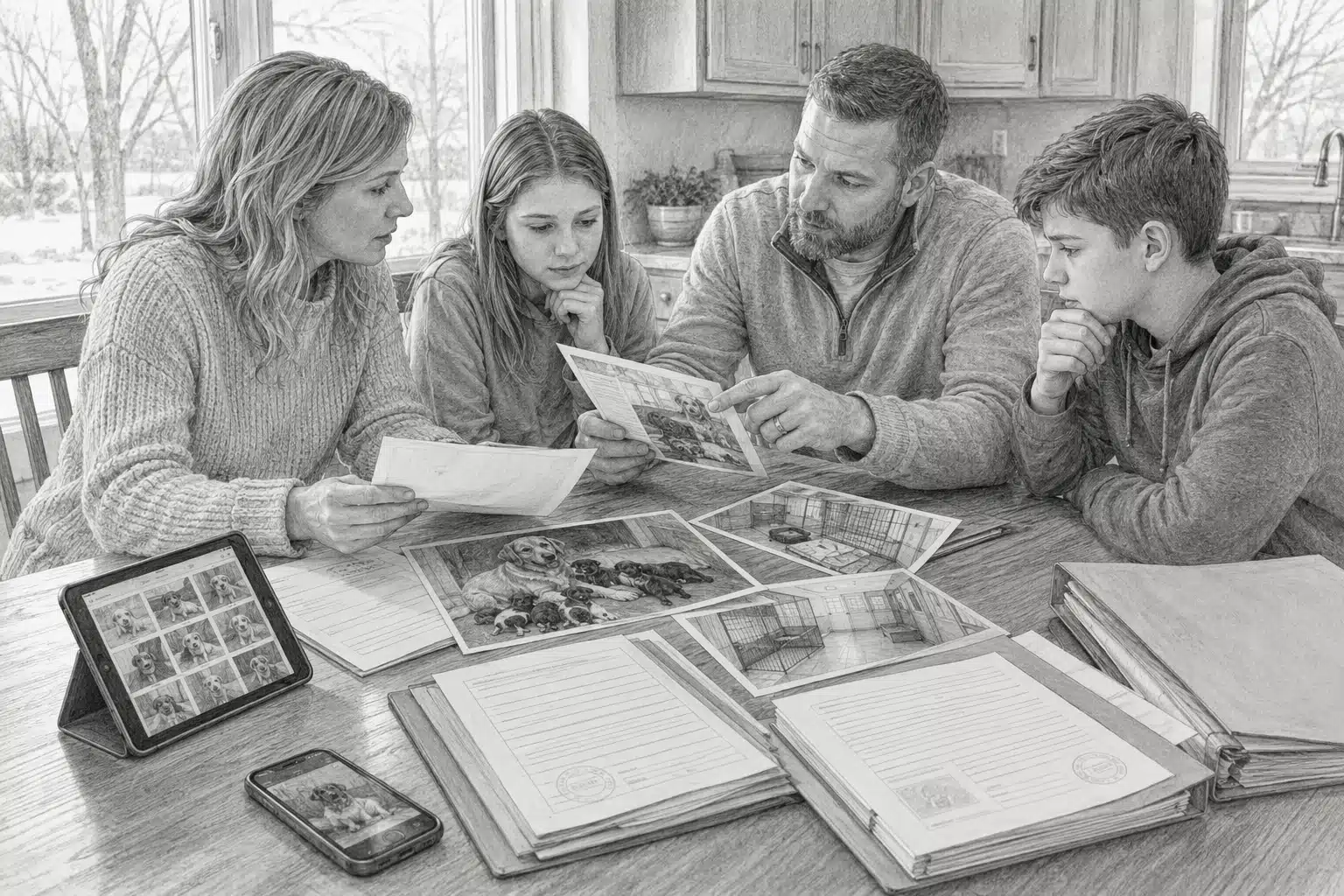 Family reviewing breeder photos and puppy records at kitchen table