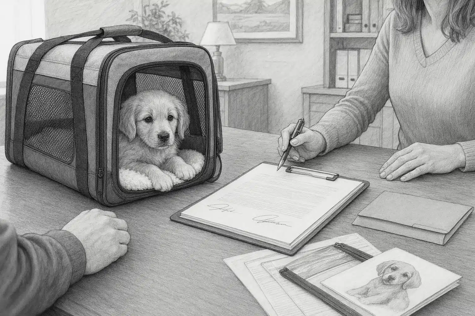 Puppy carrier and signed papers on breeder's table