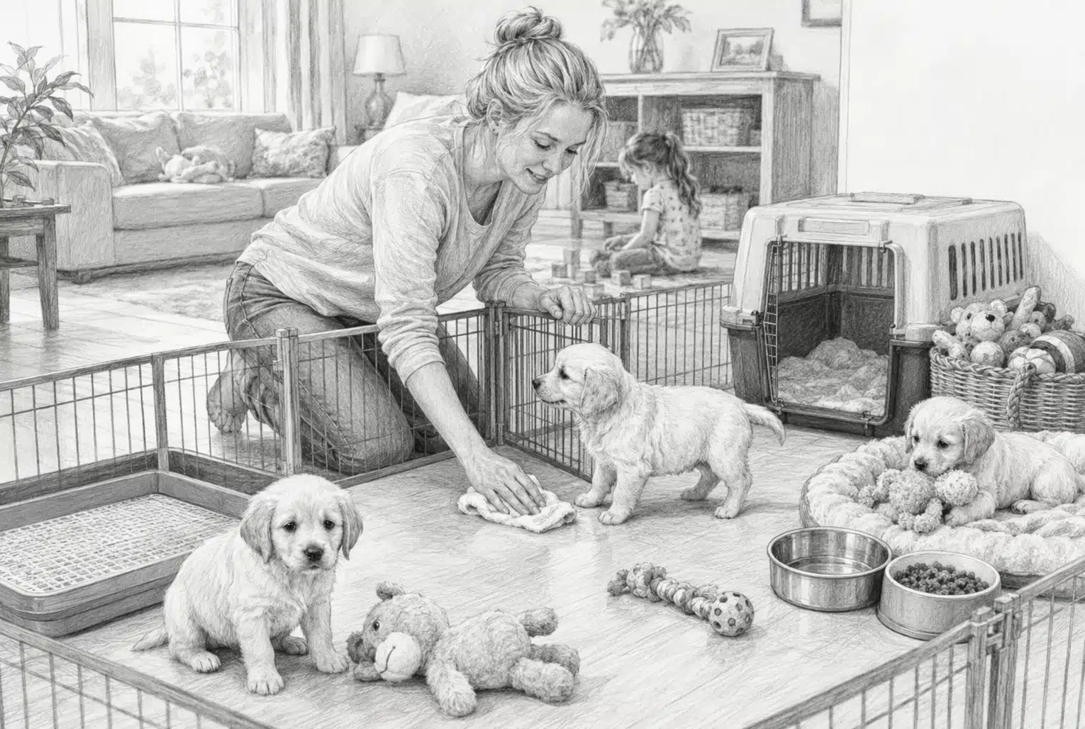 Breeder cleaning puppy playpen in bright nursery