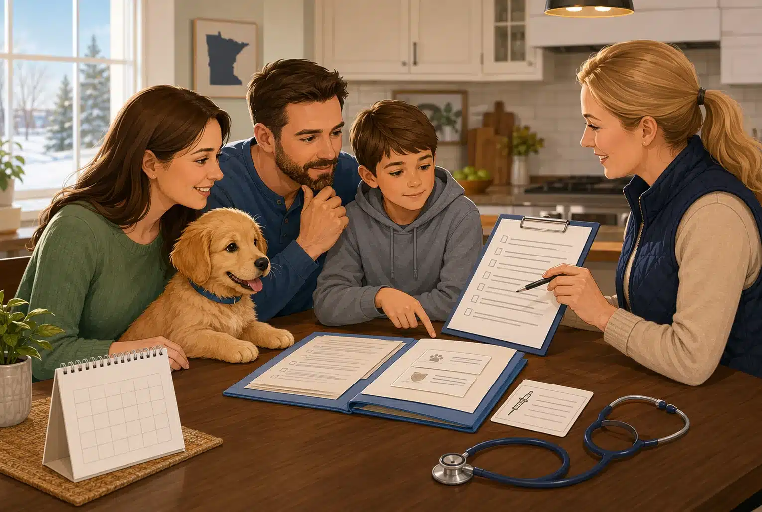 Color illustration of three adults and a child reviewing clipboards beside a golden-colored puppy and a stethoscope.