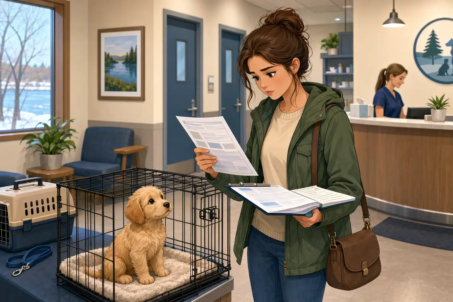 Buyer reviewing puppy paperwork in veterinary lobby