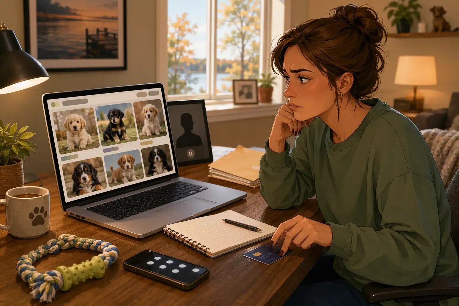 Buyer comparing puppy photos and notes on laptop