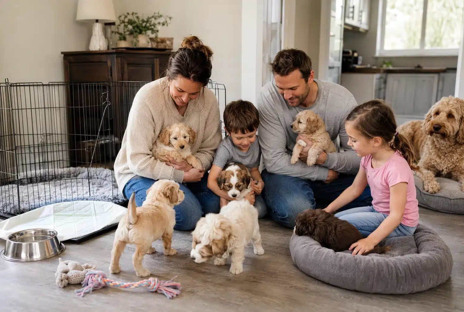 Family socializing puppies on living room floor