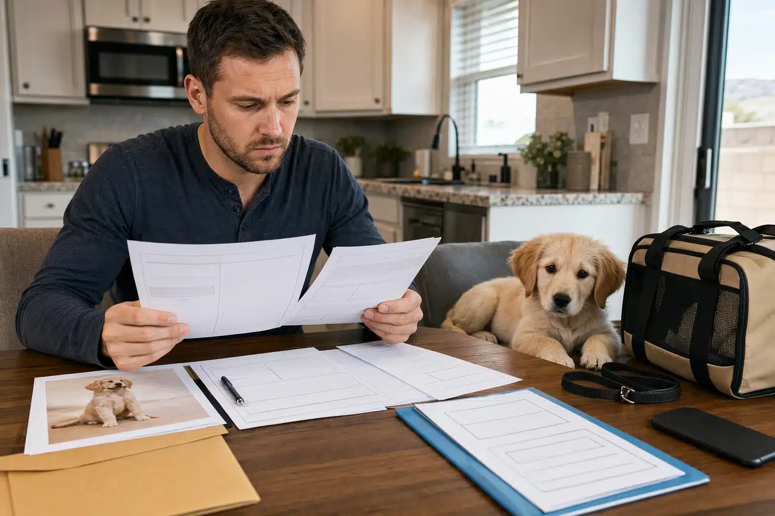 Man reviewing documents at a wooden table with a golden retriever puppy and a pet carrier, preparing to buy a puppy in Nevada.