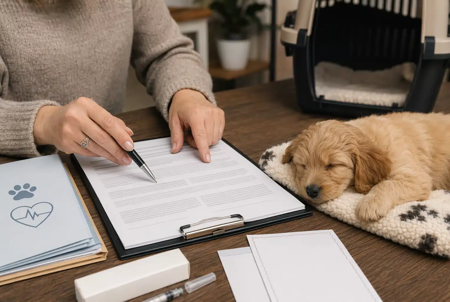 Breeder reviewing puppy contract beside sleeping puppy