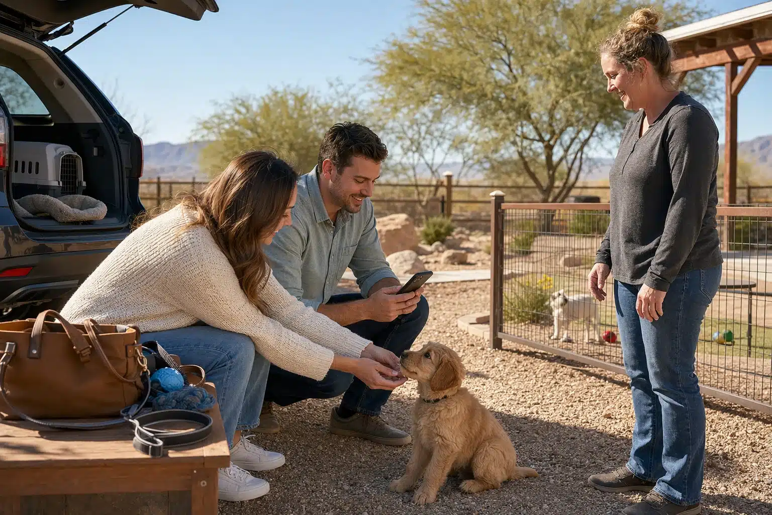 Couple meeting small puppy outdoors with breeder beside open play yard fencing