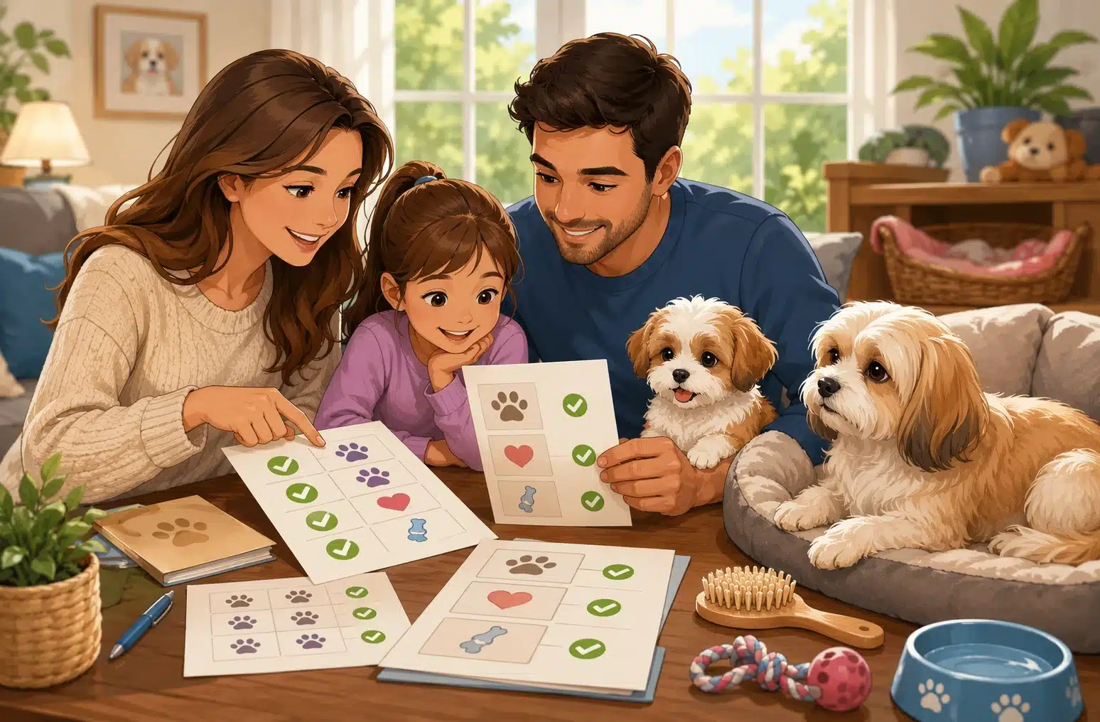 Editorial illustration of a family looking at charts while two small puppies sit nearby.