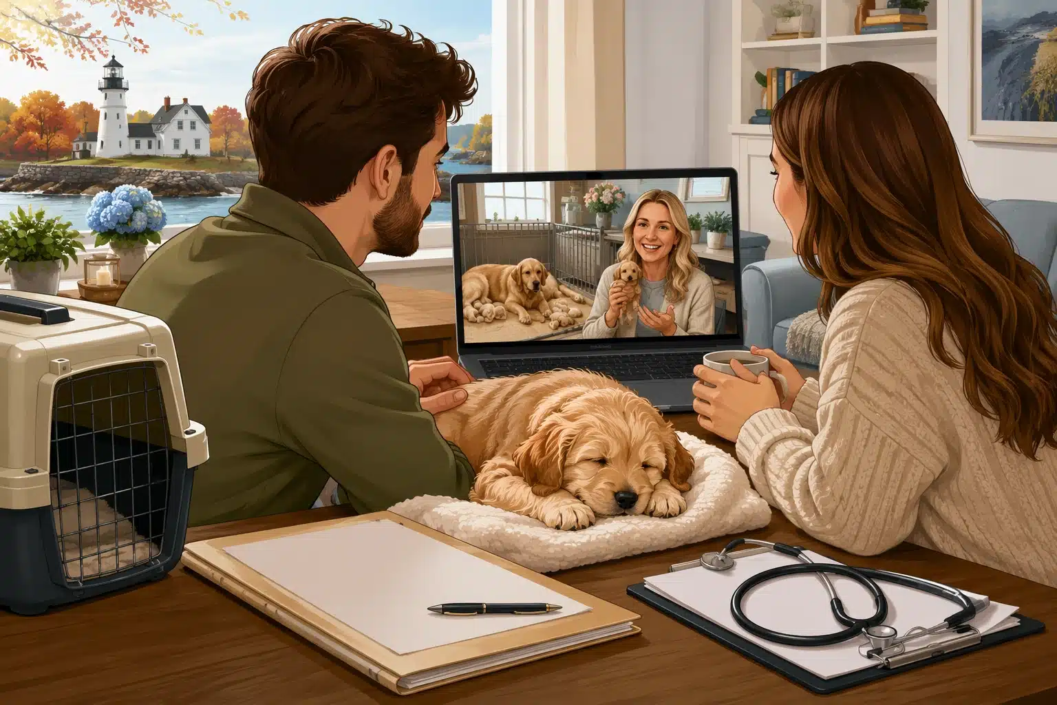 Couple video calling boutique puppy breeder with sleeping puppy