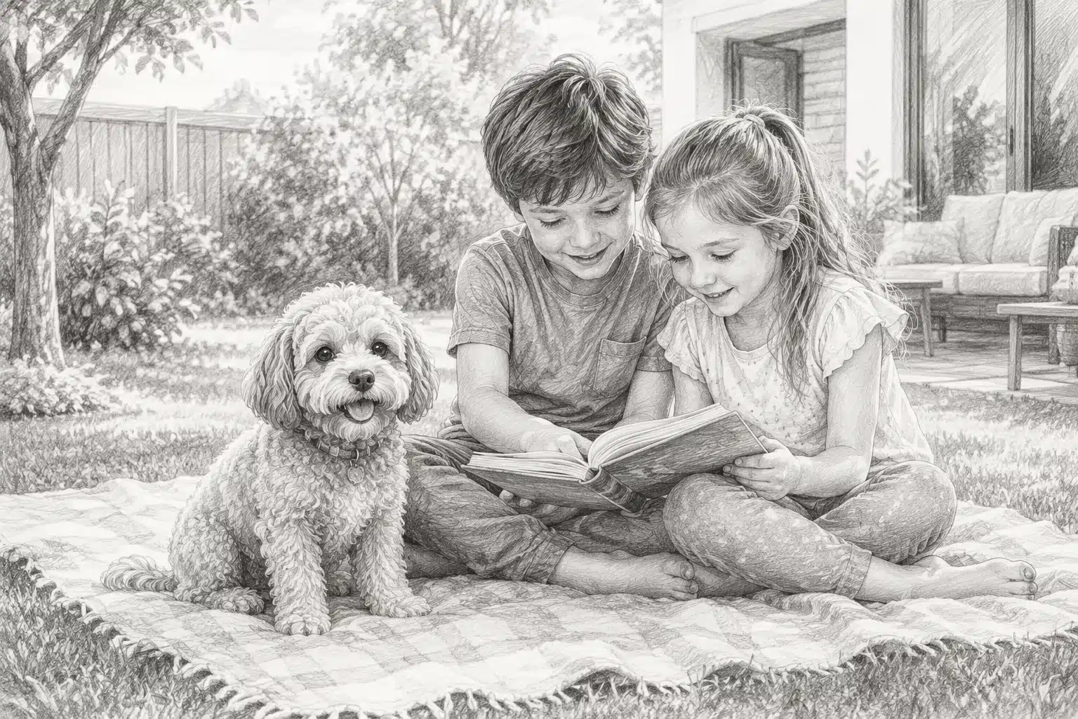 Young cavapoo with children reading outdoors