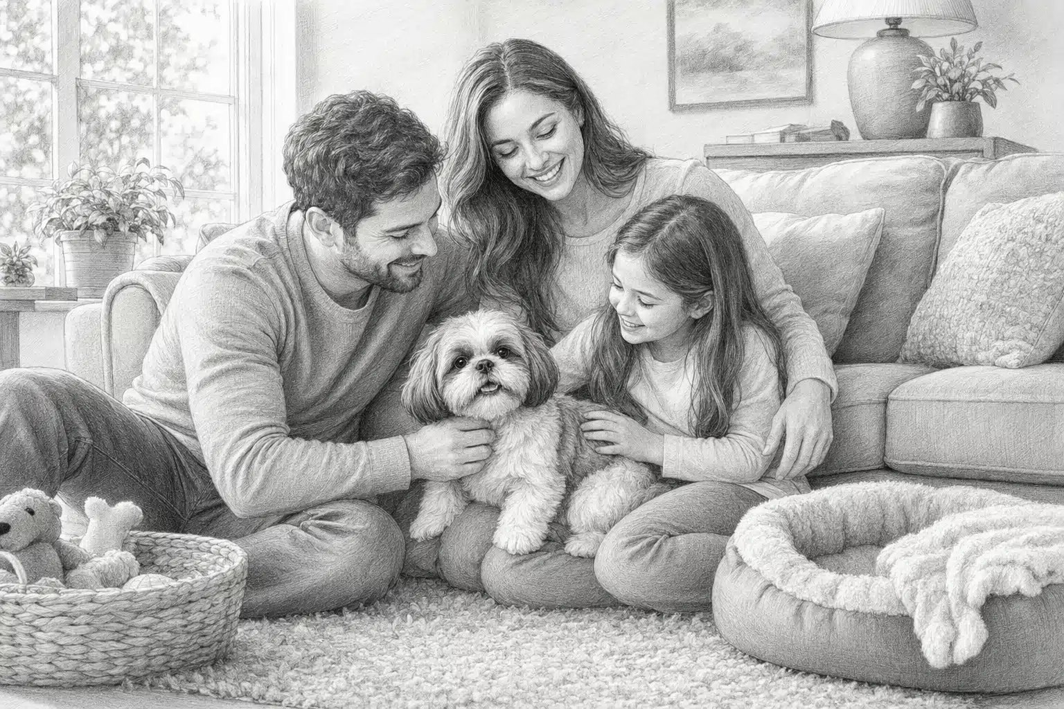 Family relaxing with small puppy in bright living room