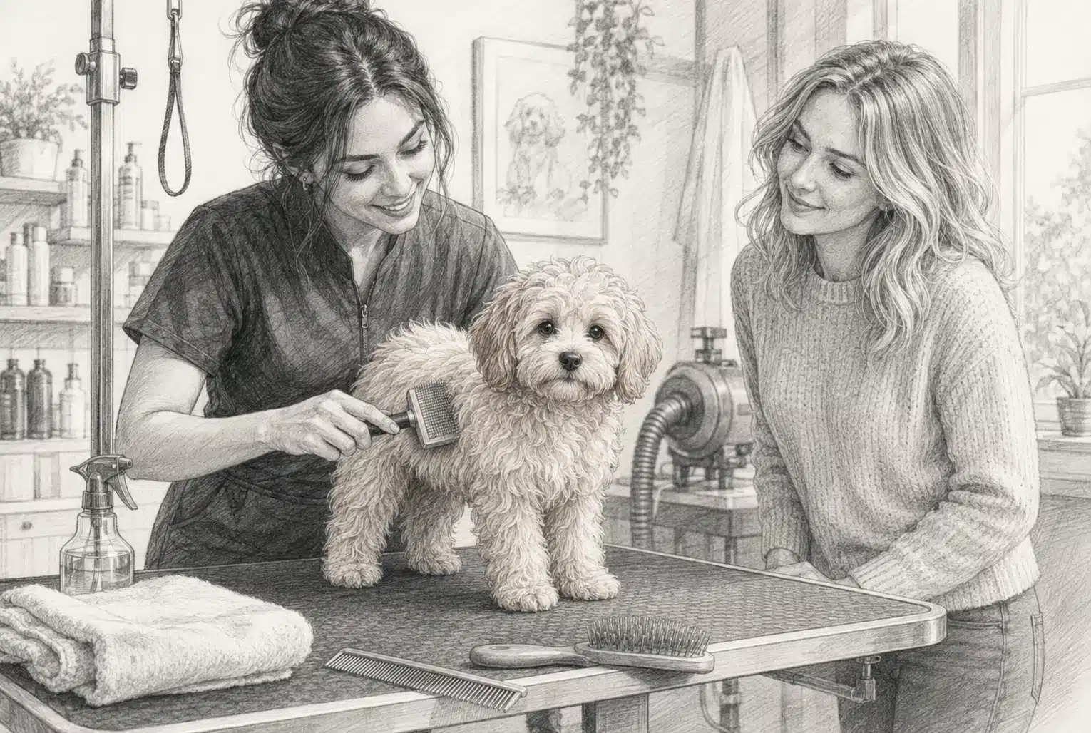 Groomer brushing a small apricot Havanese puppy