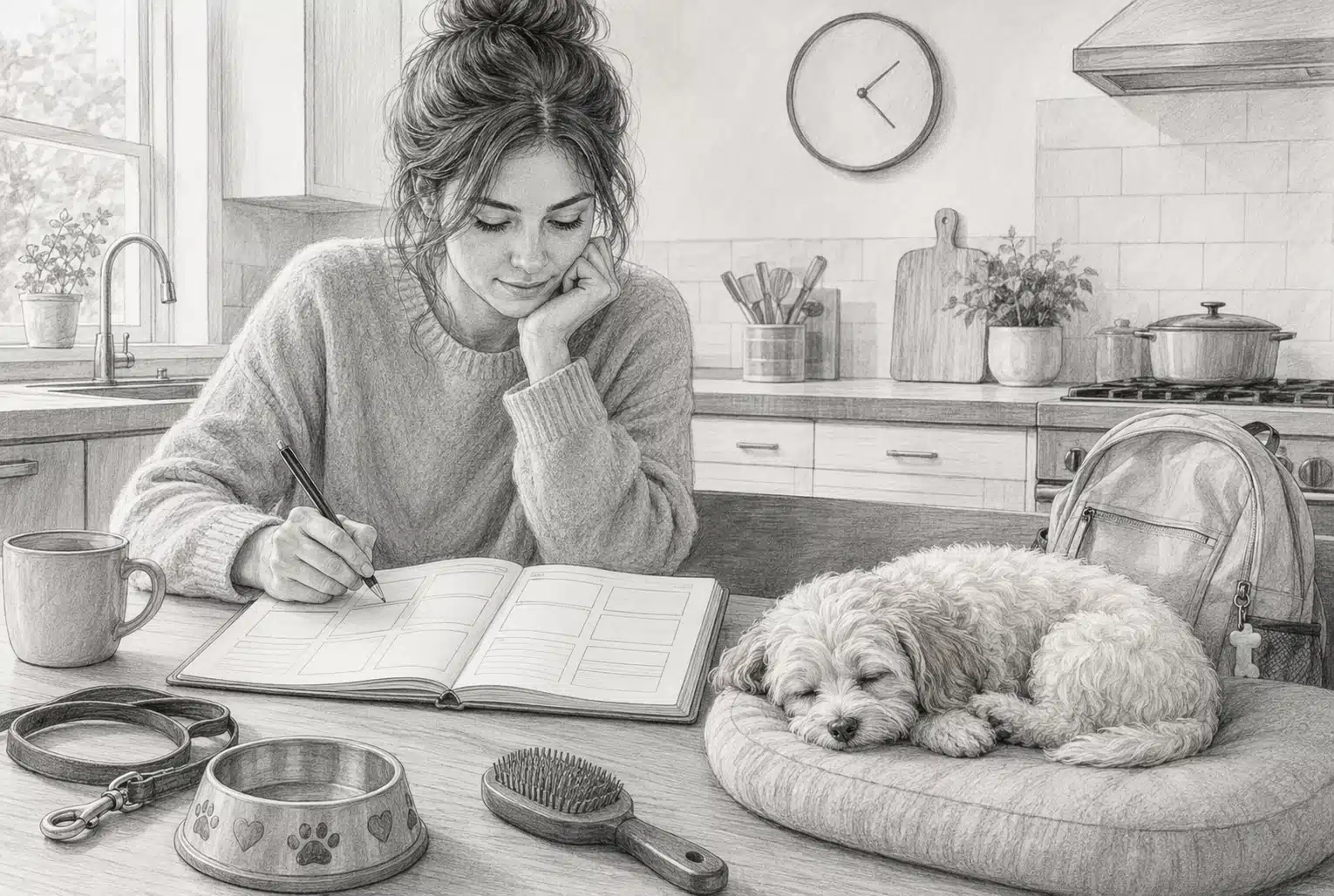 Parent reviewing family schedule with sleepy puppy