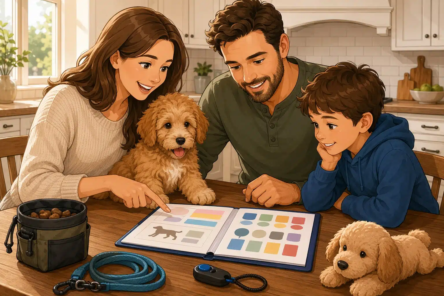 Family reviewing a puppy temperament report at kitchen table