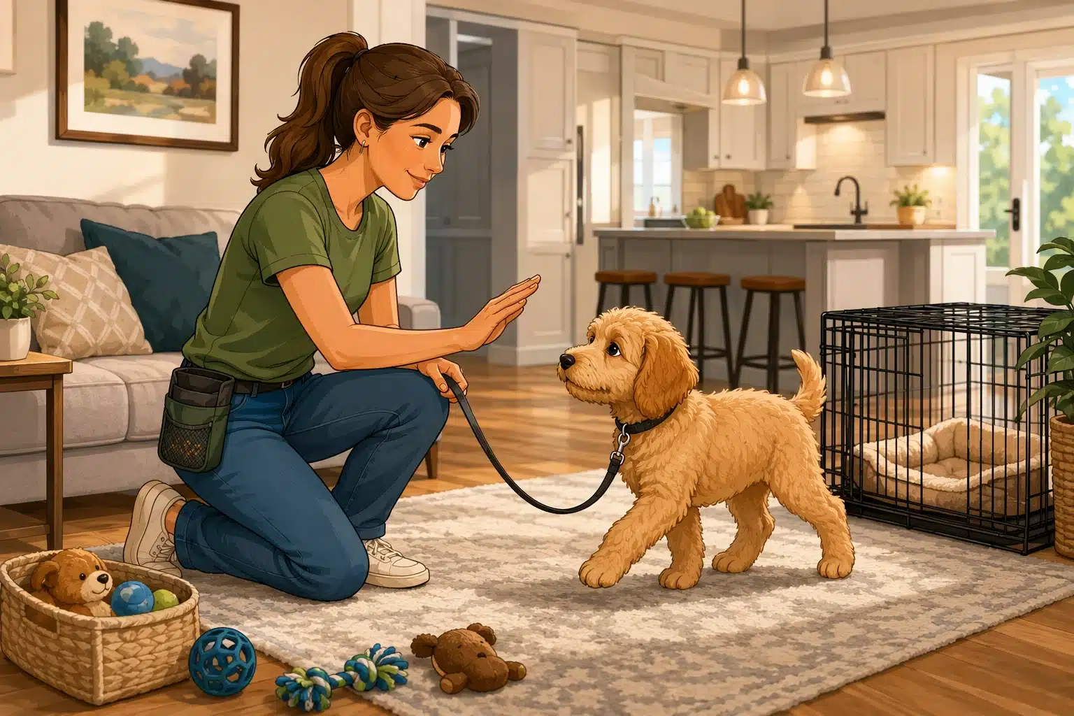 Puppy trainer guiding a young doodle on leash