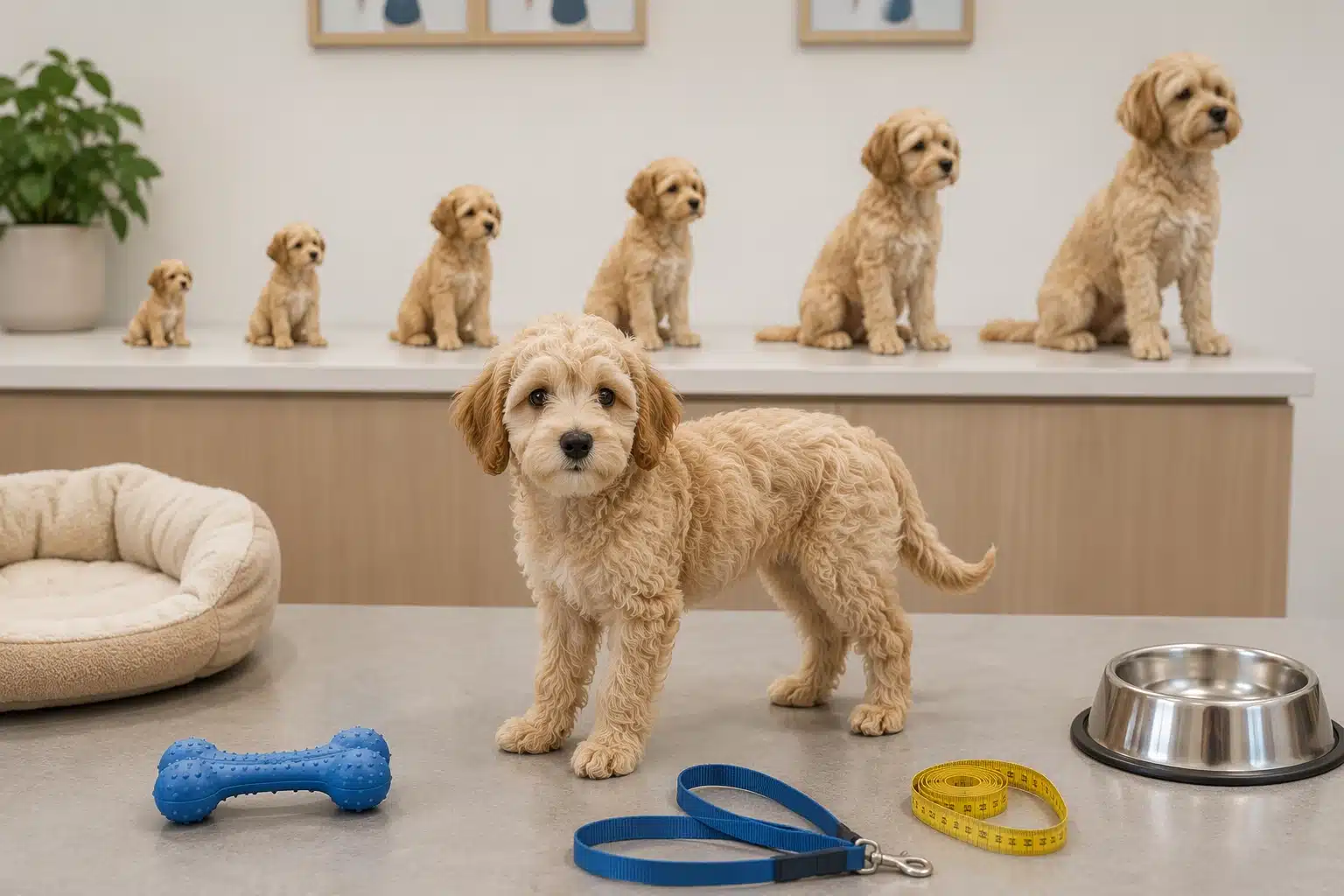A group of Havapoo puppies of various sizes, from tiny to adolescent, are lined up on a white counter. A larger Havapoo puppy stands in the foreground, with a blue dog toy and leash nearby. This image illustrates Havapoo puppy growth stages.