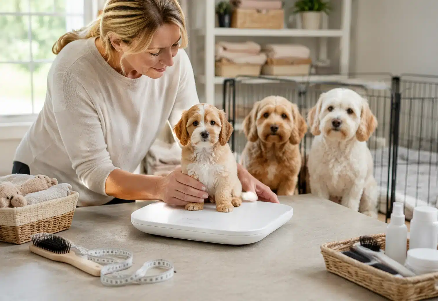 Person weighing a puppy on a scale with two other dogs nearby
