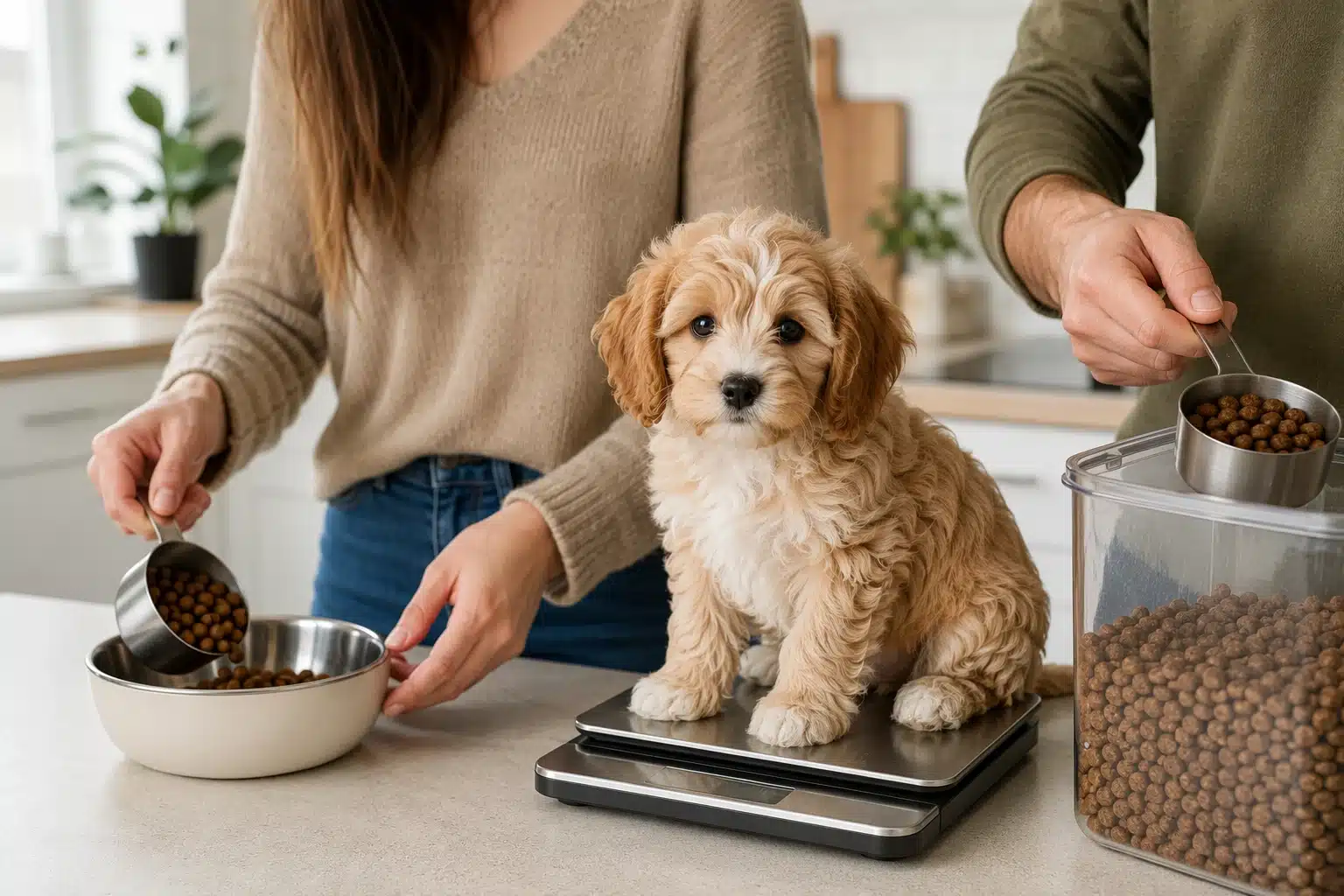 Puppy on a kitchen scale beside people measuring kibble into a bowl