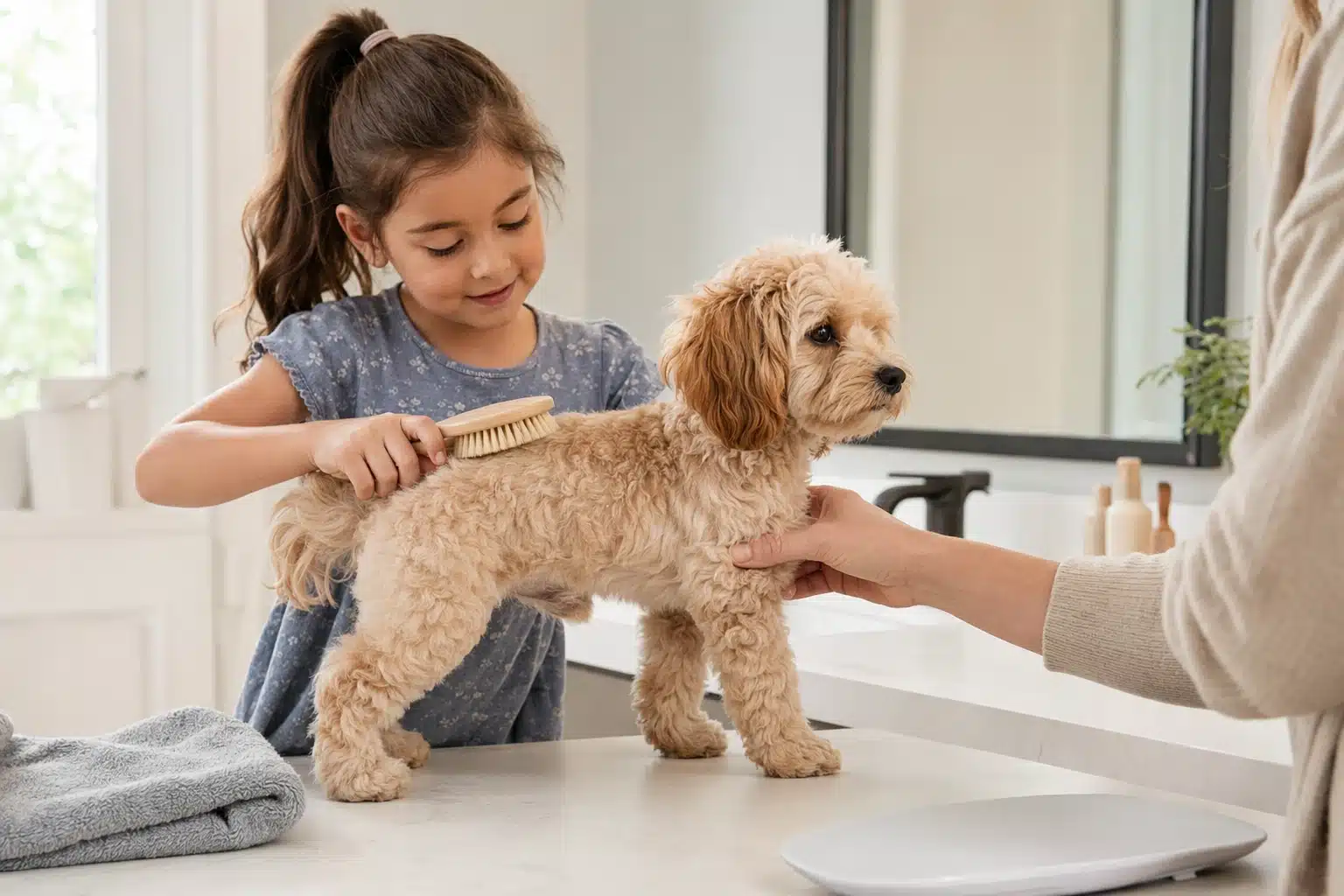 Child brushing a puppy while an adult supports it on a counter