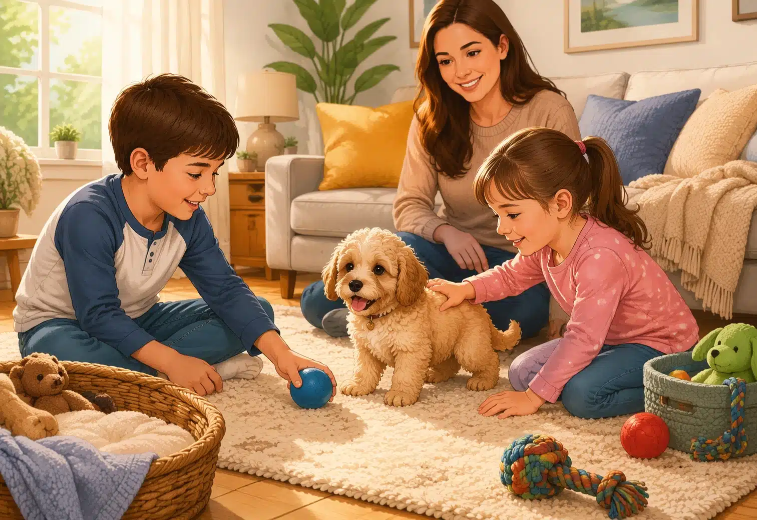 Family playing gently with Cavapoo in bright living room