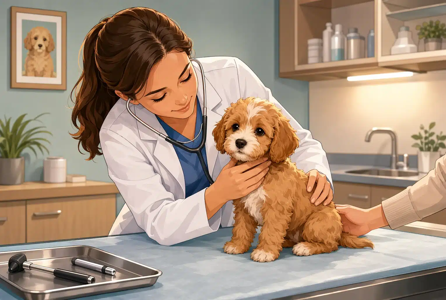 Vet gently examining a Cavapoo puppy on a clinic table