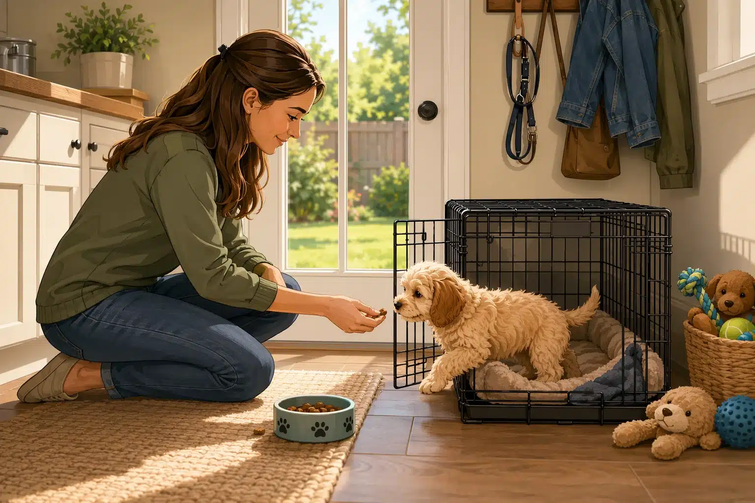 Owner guiding Cavapoo puppy into open crate by back door