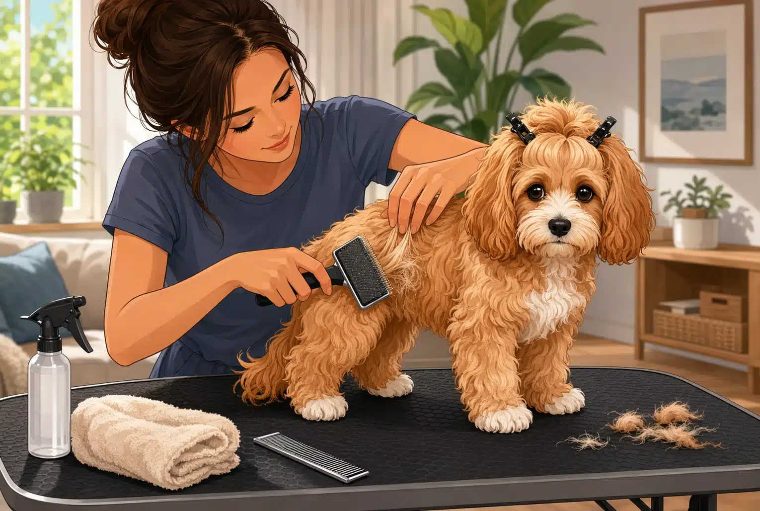 Owner brushing wavy Cavapoo puppy on grooming table