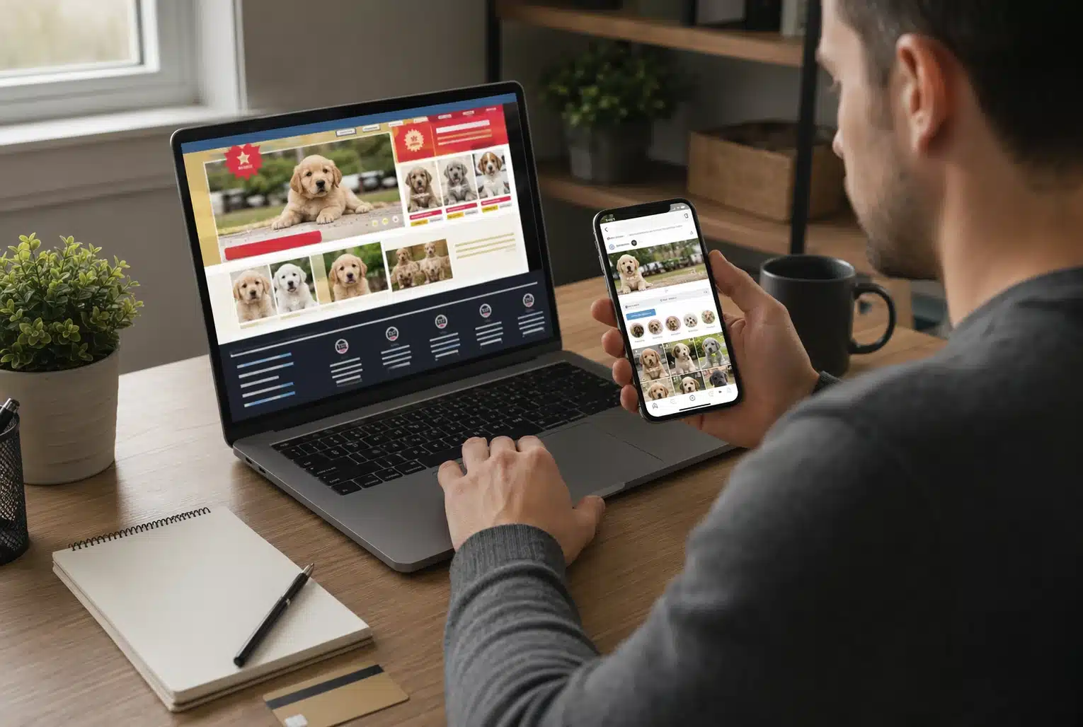 Buyer comparing breeder website footer and social profiles at home office