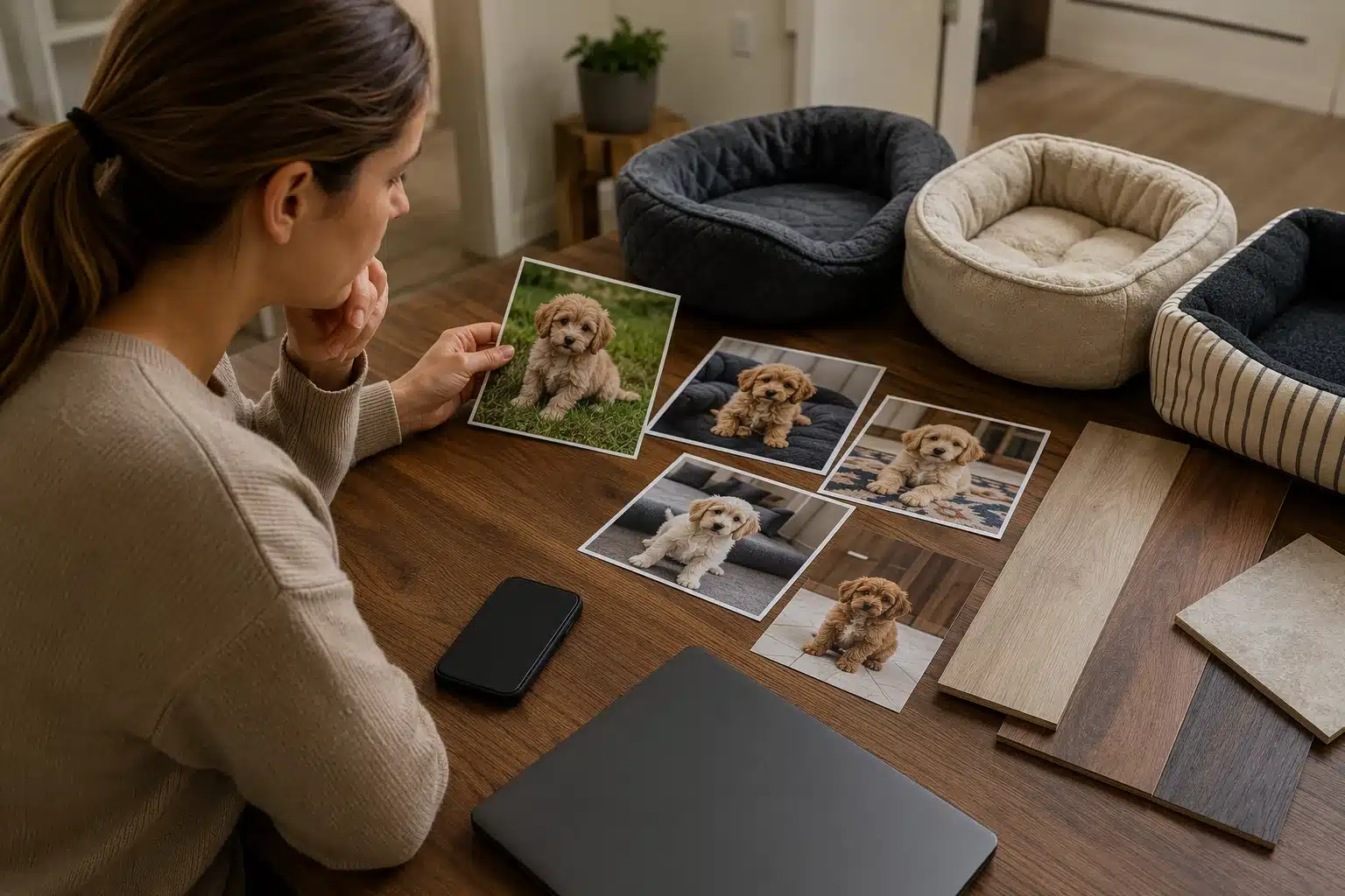 Buyer comparing puppy photos with bedding and flooring samples