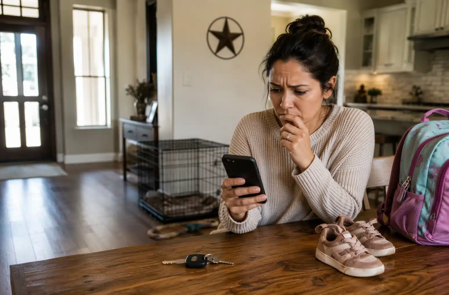 Worried parent reading urgent puppy rehoming texts