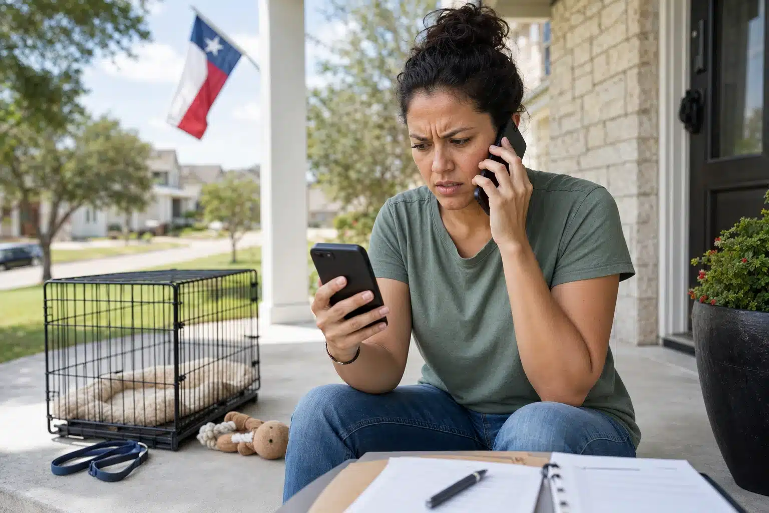 Buyer on porch holding phone, seller ignoring calls